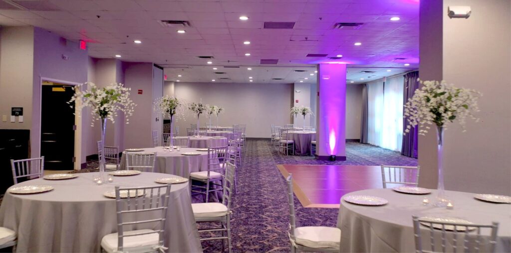 ballroom decorated for wedding reception